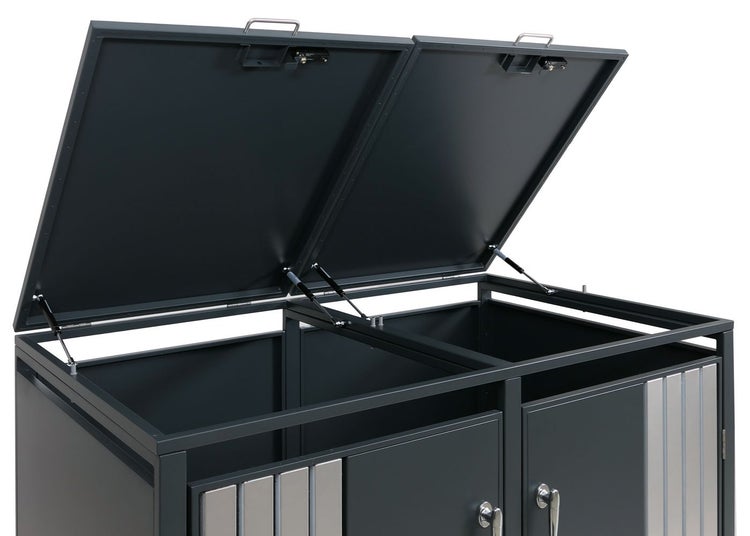 Mülltonnenbox mit geöffneten Deckeln