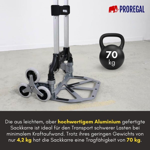 PROREGAL Klappbare Treppensackkarre ELEPHANT HxBxT 110x45x48cm Traglast 70kg Aluminiumrahmen ergonomische Griffe TRR Fachgummiräder Silber Treppensteiger Sackkarre