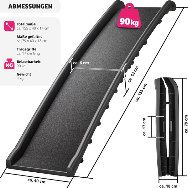Hunderampe tectake Paw Step 155 x 40 x 14 cm klappbar und rutschfest schwarz