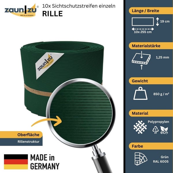 Zehn Sichtschutzstreifen mit Rillenstruktur, Abmessungen 255 cm mal 19 cm, hergestellt in Deutschland