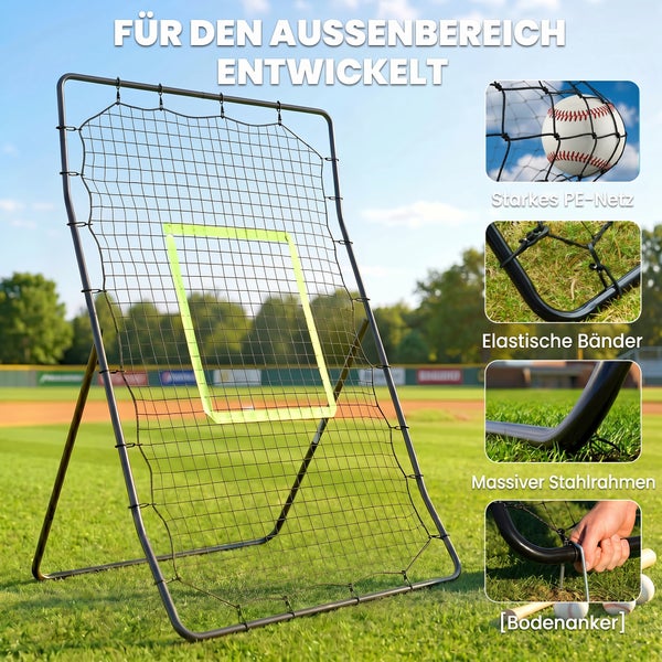 Baseball Rebounder mit Stahlrahmen, Polyethylen Netz und Bodenankern für das Training im Außenbereich auf einem Sportfeld.
