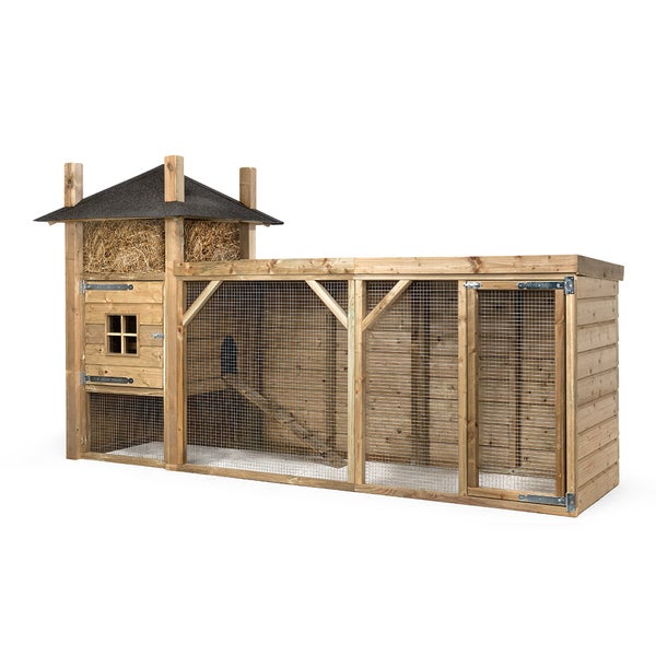 Hühnerstall aus Holz mit Drahtgitter