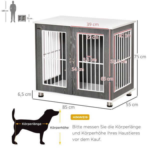 PawHut Hundehütte Hundehaus aus Holz Transportbox Kleintierkäfig für mittelgroße und kleine Hunde erhöhtes Design innen Stahl Grau+Weiß 85 x 55 x 75 cm