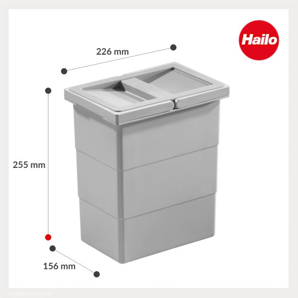 Hailo Einbau Abfallbehälter aus Kunststoff mit Maßen 226 mal 156 mal 255 Millimeter.