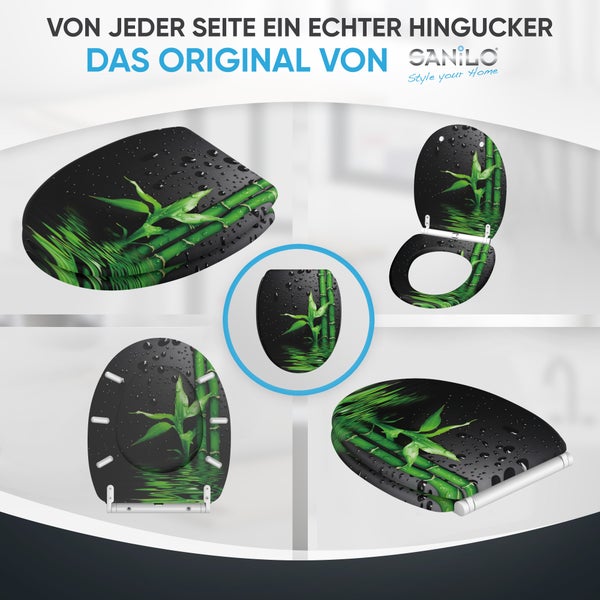 Sanilo WC-Sitz mit Bambus-Motiv und Wassertropfen, verschiedene Ansichten von geschlossenem und offenem Toilettendeckel, Sanilo Logo.