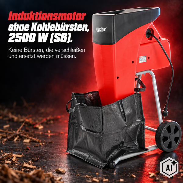 Hecht Gartenhäcksler mit 2500 Watt Induktionsmotor und Auffangsack für Gartenabfälle.