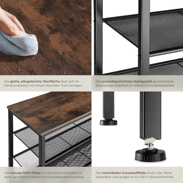 Detailansicht eines Schuhregals, das die Oberfläche, das Stahlgestell, die MDF-Platte und die verstellbaren Füße zeigt.