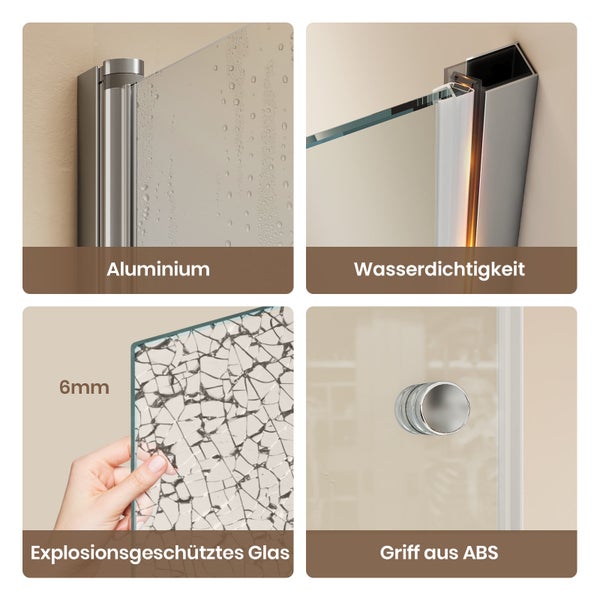 Produktmerkmale einer Duschkabine: Aluminiumprofil, Dichtung für Wasserdichtigkeit, 6 Millimeter Sicherheitsglas und ABS-Griff.