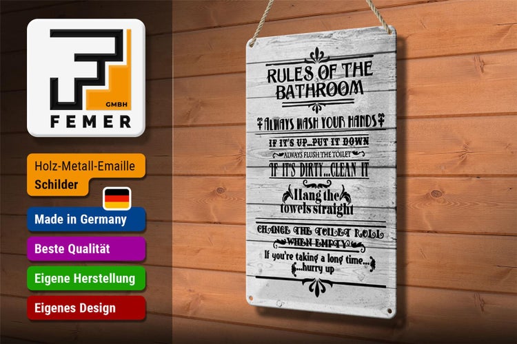 Blechschild Spruch 20x30cm rules of the bathroom wash hands