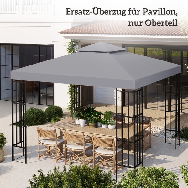 Graues Ersatzdach für einen Gartenpavillon auf einer Terrasse mit Gartenmöbeln aus Holz und grünen Pflanzen.