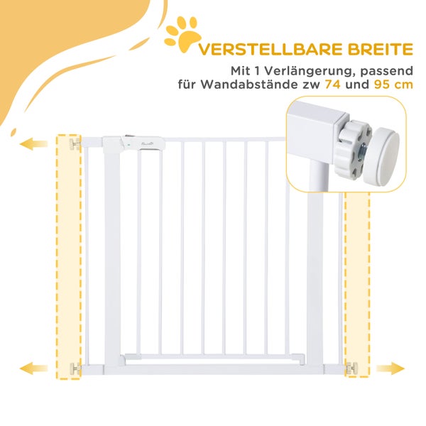 PawHut Türschutzgitter, Treppengitter, Hundegitter ohne Bohren, 75-96 cm Verstellbares Absperrgitter, Auto-Close Baby Schutzgitter, für Kinder und Haustiere, Stahl, Weiß