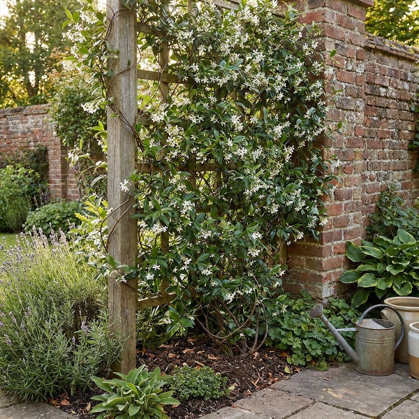 Kletterpflanze mit kleinen weißen Blüten an einem Holzspalier vor einer Ziegelwand im Garten.