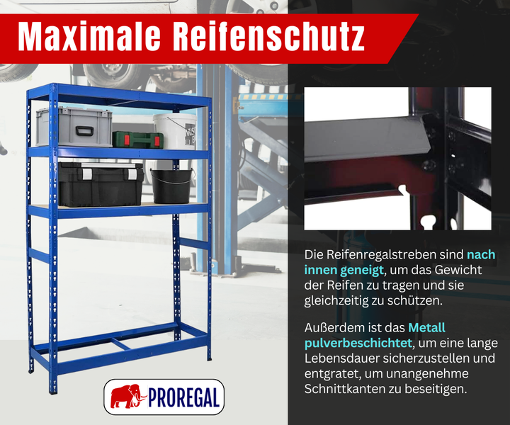 Blaues Reifenregal aus pulverbeschichtetem Metall mit nach innen geneigten Streben für Schutz und Stabilität sowie PROREGAL Logo.
