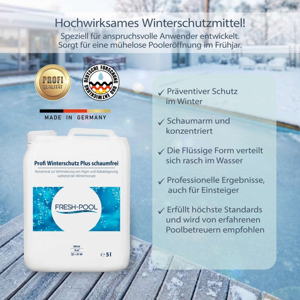 Fünf Liter Kanister Fresh Pool Winterschutz für Schwimmbecken mit Produktmerkmalen zur Algen und Kalkvermeidung in der Winterzeit.