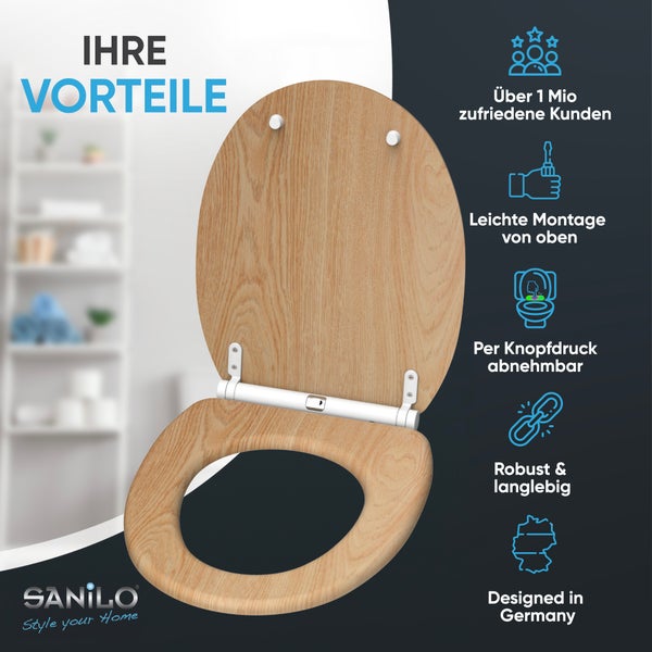 Sanilo Toilettensitz in Holzoptik. Vorteile: über eine Million zufriedene Kunden, Montage von oben, abnehmbar per Knopfdruck. Sanilo Logo.