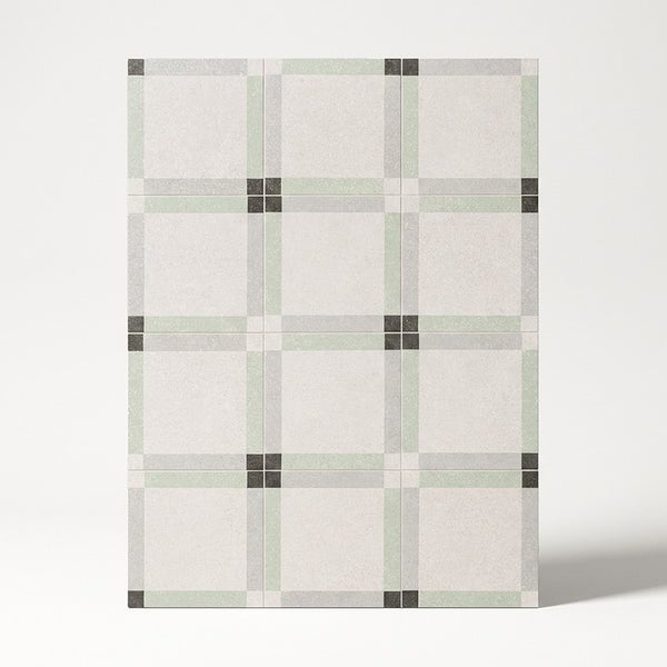 Quadratische Wandfliesen mit geometrischem Karomuster und Akzenten in Steinoptik für Innenbereiche