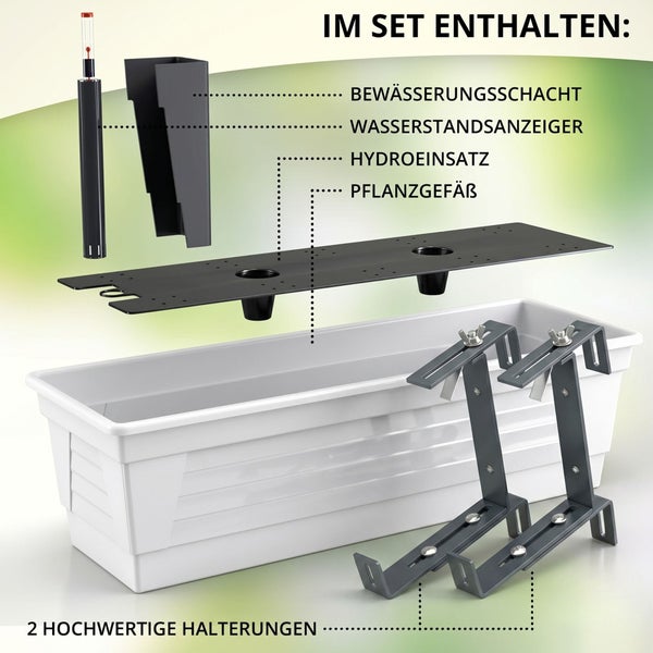 Bewässerungs-Blumenkasten-Set mit weißem Pflanzgefäß, Wasserstandsanzeiger, Bewässerungsschacht, Hydroeinsatz und zwei Metallhalterungen.