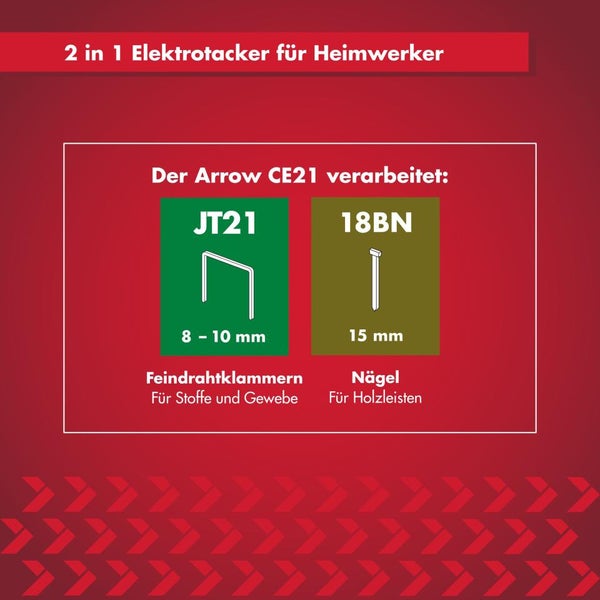 2 in 1 Elektrotacker Arrow CE21 für JT21 Feindrahtklammern 8 bis 10 Millimeter für Stoffe und 18BN Nägel 15 Millimeter für Holzleisten.