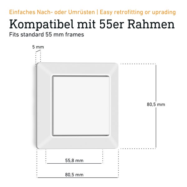 Weißer Lichtschalter mit Rahmen, Maße 80,5 mal 80,5 Millimeter, kompatibel mit 55 Millimeter Rahmen, Innenmaß 55,8 Millimeter.