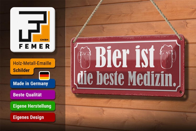 Blechschild Spruch 27x10cm Bier ist die beste Medizin rosa Schild