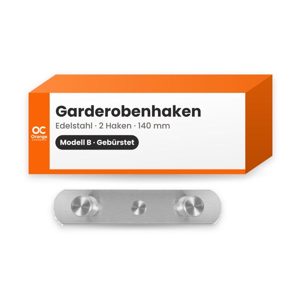 Garderobenhaken aus gebürstetem Edelstahl mit zwei Haken, 140 Millimeter lang, inklusive Orange Commerce Logo.