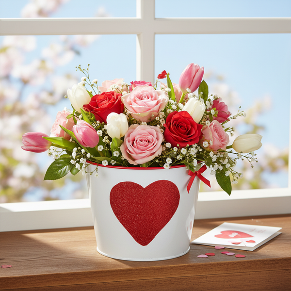 Blumenstrauß mit Rosen und Tulpen in einem Dekoeimer mit Herzmotiv auf einem Fensterbrett aus Holz.