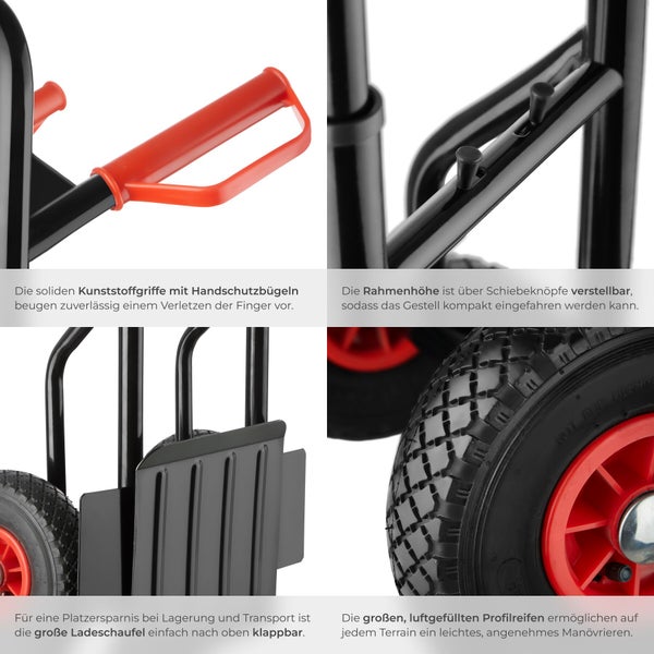Detailansichten einer Sackkarre mit Sicherheitshandgriffen, höhenverstellbarem Rahmen, klappbarer Ladeschaufel und großen Luftreifen.