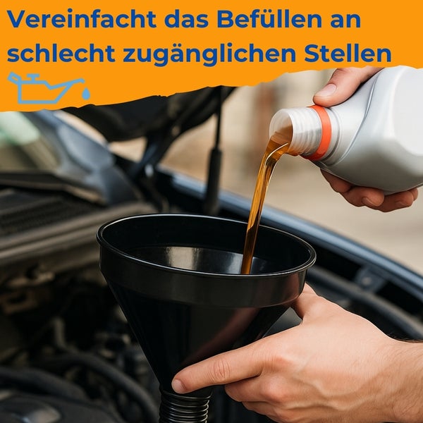 Eine Person gießt Öl durch einen Trichter in einen Automotor.