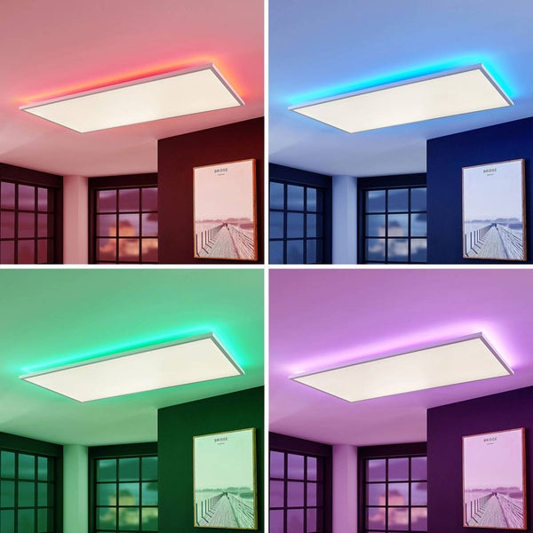 Rechteckiges LED-Panel als Deckenleuchte mit farbiger Hintergrundbeleuchtung in verschiedenen Farben in einem modernen Raum.