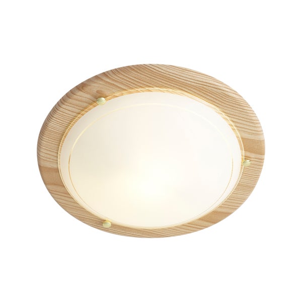 Runde Deckenleuchte mit Holzrahmen in Kieferoptik und weißer Glasabdeckung, befestigt mit goldfarbenen Klammern.