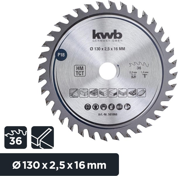 kwb Kreissägeblatt 130 x 16 mm, sehr feiner Schnitt, Sägeblatt geeignet für Arbeitsplatten, Holz und beschichtete Platten