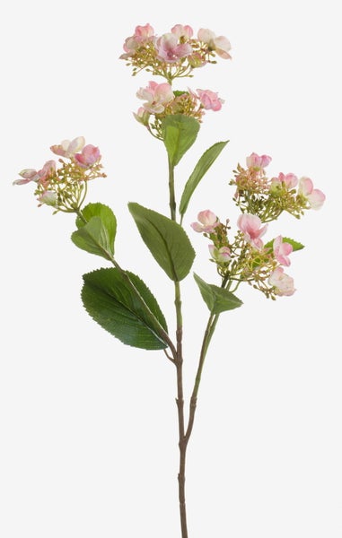 Künstlicher Hortensienzweig mit rosa Blüten und grünen Blättern