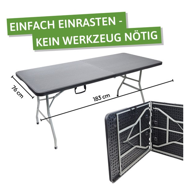 Klappbarer Gartentisch in Rattan-Optik, 183 Zentimeter lang und 76 Zentimeter breit, werkzeugloser Aufbau durch Einrasten, inklusive Tragegriff.
