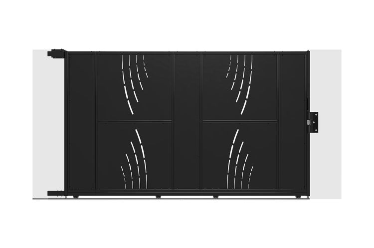 Schwarzes Schiebetor aus Metall mit dekorativem Muster aus geschwungenen, gestrichelten Linien und Rollen.