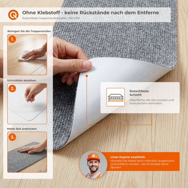 Stufenteppich mit selbstklebender Unterseite zur einfachen Montage auf Treppenstufen