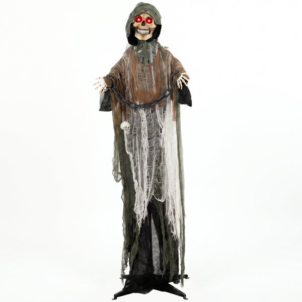 Halloween Dekofigur Sensenmann mit LED Leuchtaugen und Kette als stehende Horror Deko für den Innenbereich