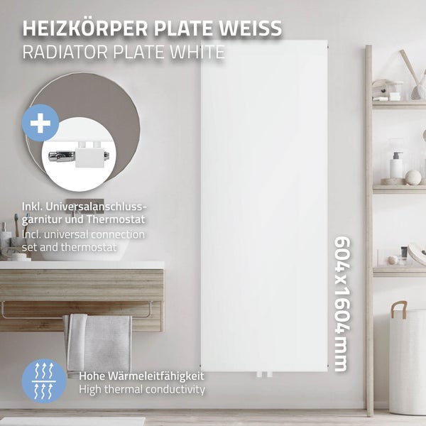 ML-Design Badheizkörper 1600x604 mm Weiß Flach mit Anschlussarmatur Universal Eck- und Durchgangsform Multiblock Thermostat Paneelheizkörper Mittelanschluss Vertikal Planheizkörper glatte Vorderseite