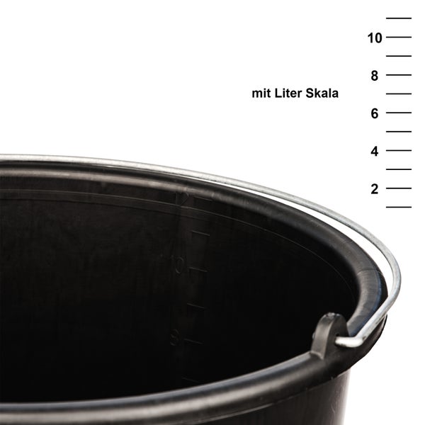 Zwei schwarze Eimer, je 12 Liter Fassungsvermögen, mit Henkel und Umweltzeichen Blauer Engel