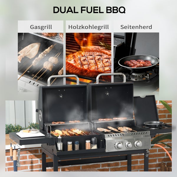 Outsunny Gasgrill mit 2+1 Brenner, 3kW BBQ Holzkohlgrill mit Regal, Grillwagen, 161L x 53B x 101H cm, Verzinkter Stahl, Edelstahl, Schwarz