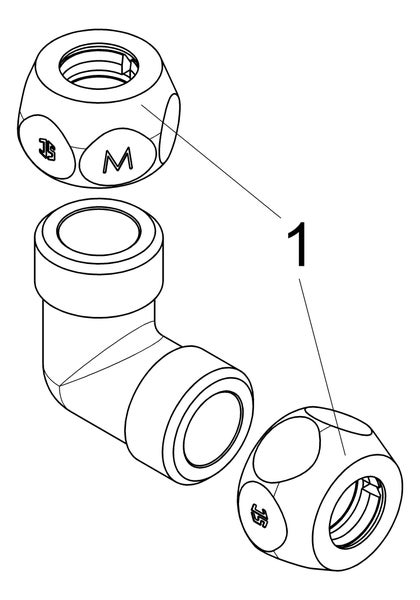 Technische Zeichnung eines Winkelstücks mit zwei Überwurfmuttern in einer Explosionsdarstellung.