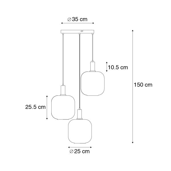 Technische Zeichnung einer Pendelleuchte mit drei Leuchten und Maßangaben