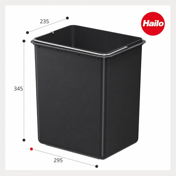 Hailo Abfalleimer Einsatz mit Maßangaben 235 mal 345 mal 295 Millimeter.