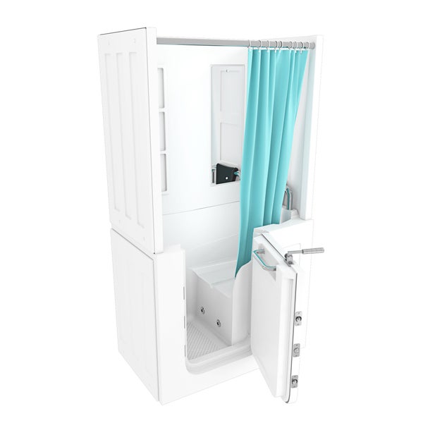 Seniorenbadewanne mit integrierter Dusche und Tür für barrierefreien Einstieg inklusive Sitz und Duschvorhang