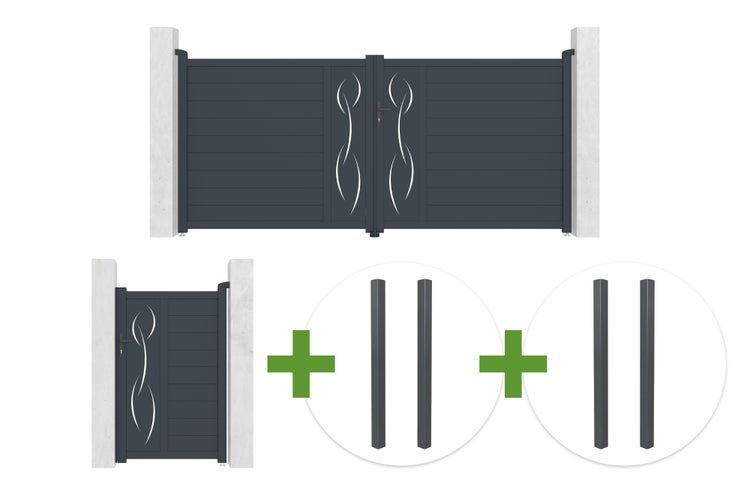 Set aus Doppelflügeltor, Gartentor und vier Pfosten aus Aluminium mit dekorativem Wellenmuster.