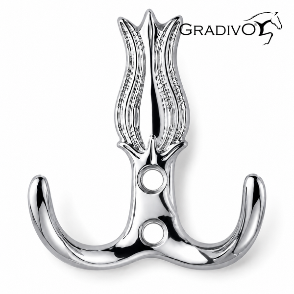 Wandhaken doppelt aus poliertem Metall mit Tulpen-Ornament und zwei Befestigungslöchern. Gradivo Logo.