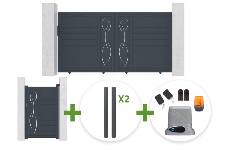 Aluminium-Einfahrtstor und Gartentor Set inklusive zwei Pfosten und elektrischem Torantrieb mit Zubehör.