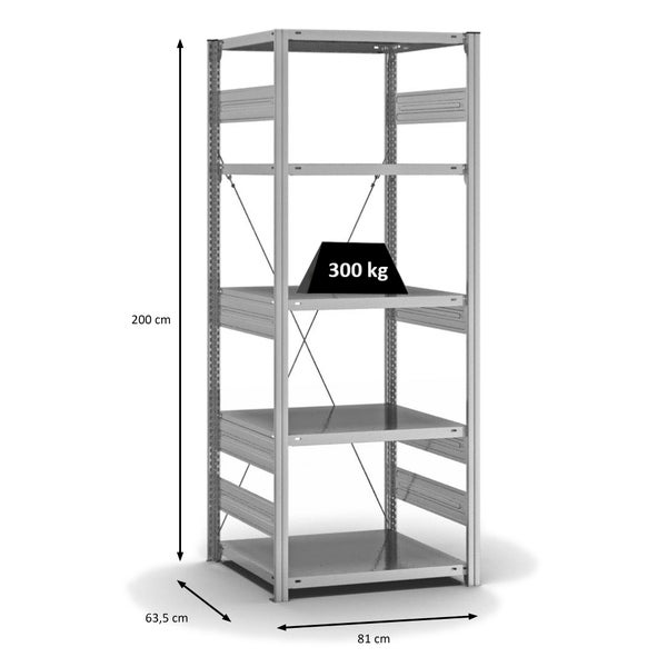 PROREGAL Fachbodenregal Stecksystem T-Profil Heavy-Duty Grundregal HxBxT 200 x 75 x 60 cm 5 Ebenen Fachlast 300 kg Einseitig Nutzbar Verzinkt