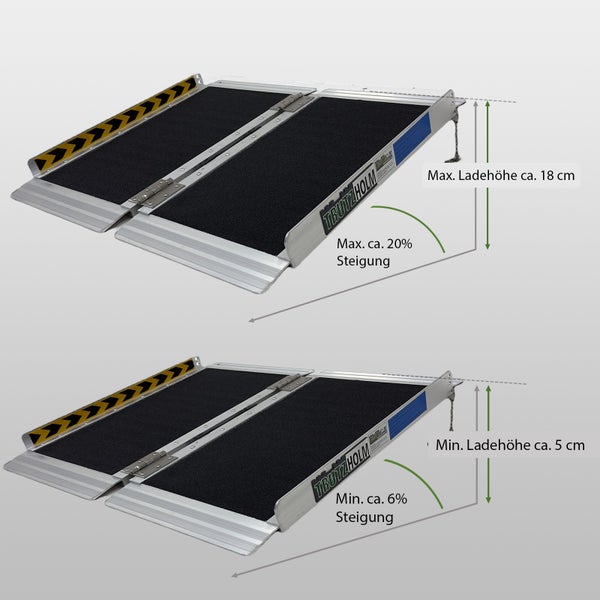 Doppelte Rollstuhlrampe aus Aluminium mit Informationen zur maximalen und minimalen Ladehöhe