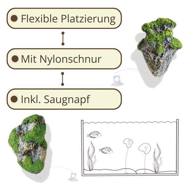 Dekoration für Aquarien mit flexiblem Platzierungssystem, Nylonschnur und Saugnapf