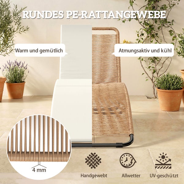Gartenstuhl mit Sitzkissen und rundem Polyethylen-Rattangewebe, 4 Millimeter, handgewebt, wetterfest und ultraviolettbeständig.